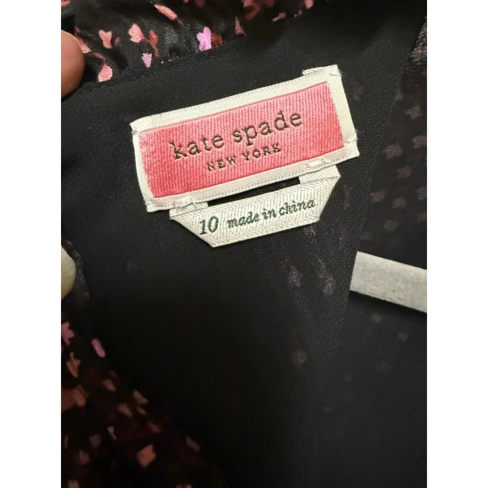 Kate Spade New York Meadow Floral Silk Blend Smocked Neck Tie Back Top‎ Black 10